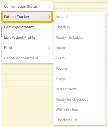 Patient Tracker with a yellow highlight box around it and a yellow arrow pointing to the patient tracking menu.